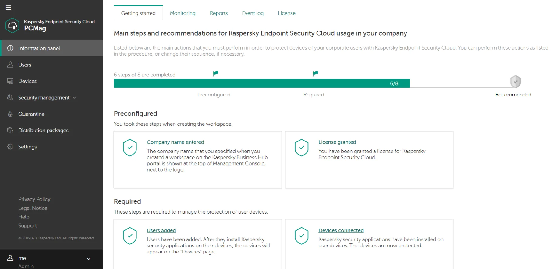 Kaspersky Endpoint Security Cloud dashboard